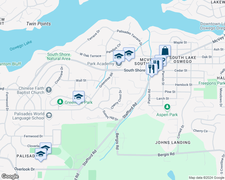 map of restaurants, bars, coffee shops, grocery stores, and more near 1412 Cherry Crest Drive in Lake Oswego