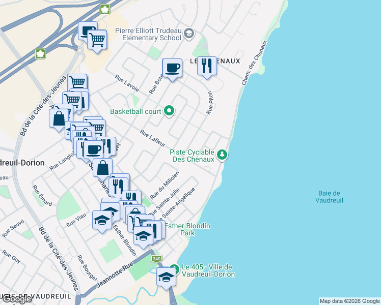 map of restaurants, bars, coffee shops, grocery stores, and more near 350 Rue Pilon in Vaudreuil-Dorion