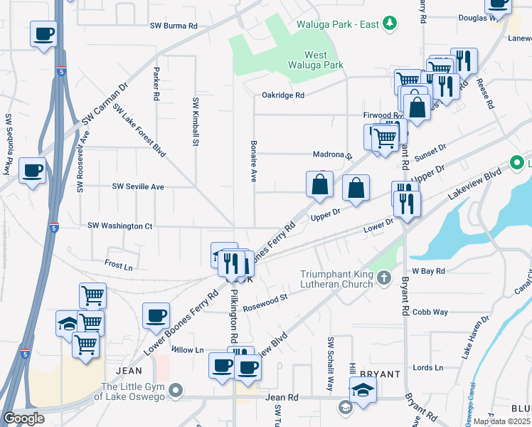 map of restaurants, bars, coffee shops, grocery stores, and more near 5337 Southwest Washington Court in Lake Oswego