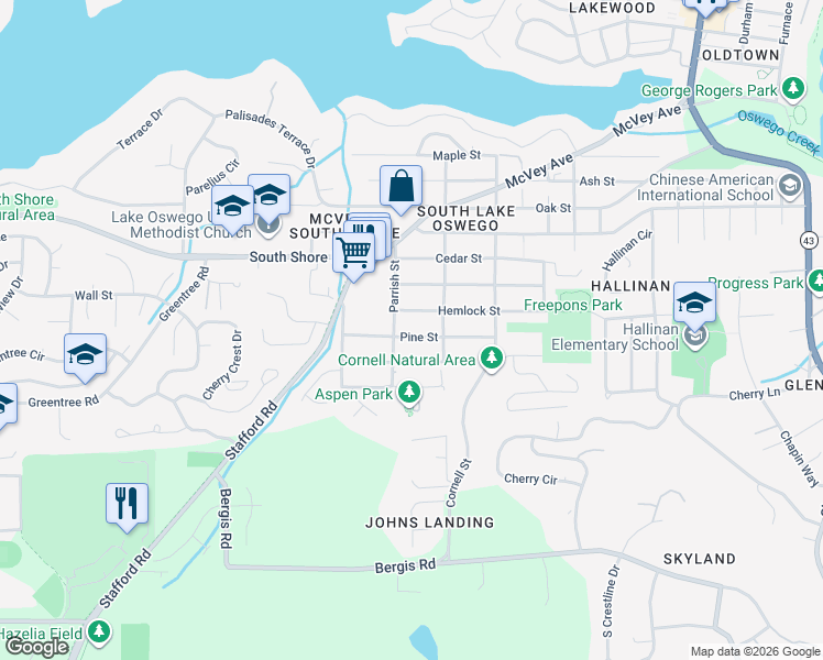 map of restaurants, bars, coffee shops, grocery stores, and more near 1535 Pine Street in Lake Oswego