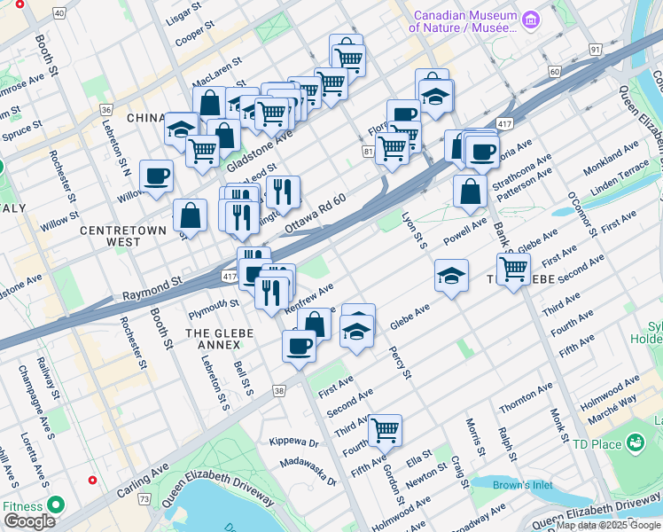 map of restaurants, bars, coffee shops, grocery stores, and more near 66 Glendale Avenue in Ottawa