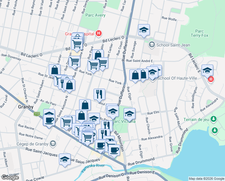 map of restaurants, bars, coffee shops, grocery stores, and more near 175 Rue Sherbrooke in Granby