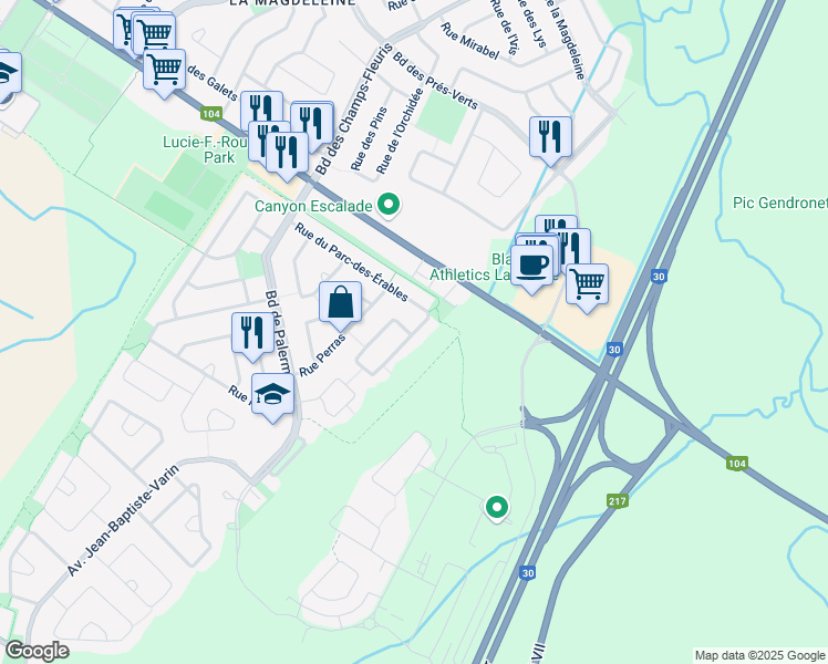 map of restaurants, bars, coffee shops, grocery stores, and more near 330 Rue du Parc des Érables in La Prairie