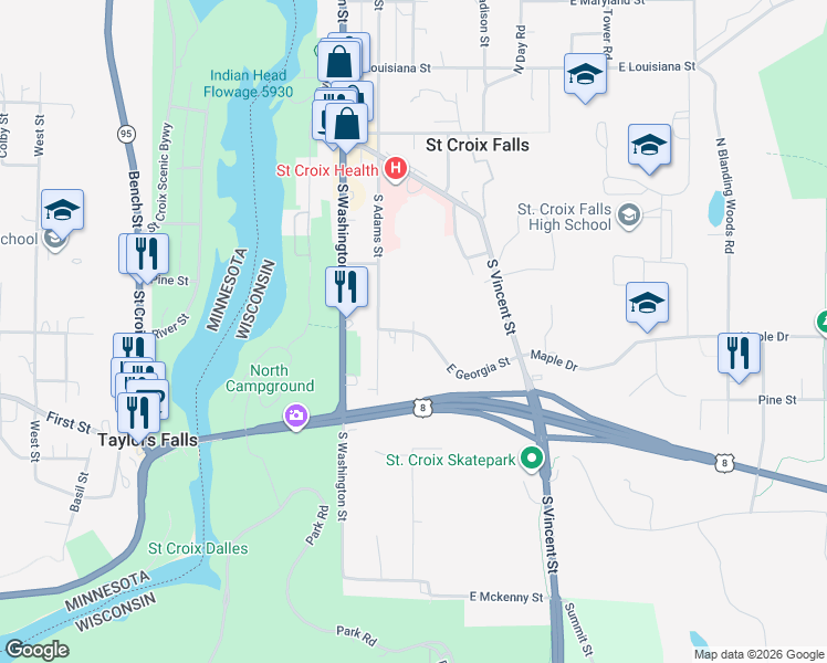 map of restaurants, bars, coffee shops, grocery stores, and more near 305 East Georgia Street in Saint Croix Falls