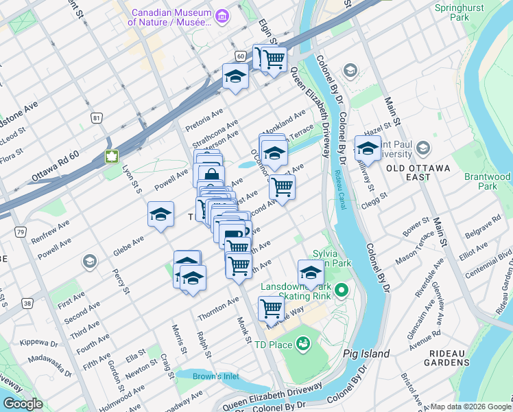map of restaurants, bars, coffee shops, grocery stores, and more near 77 Second Avenue in Ottawa
