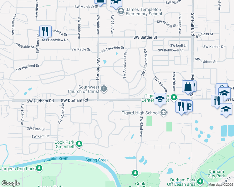 map of restaurants, bars, coffee shops, grocery stores, and more near 9530 Southwest Brentwood Place in Tigard