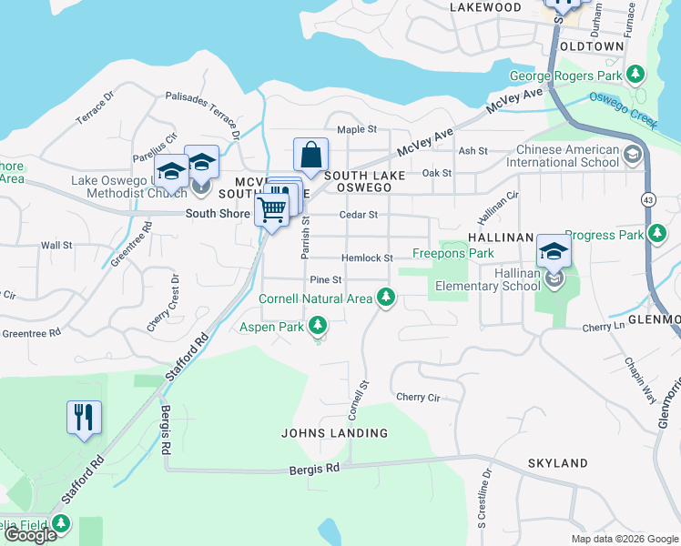 map of restaurants, bars, coffee shops, grocery stores, and more near 1473 Lee Street in Lake Oswego
