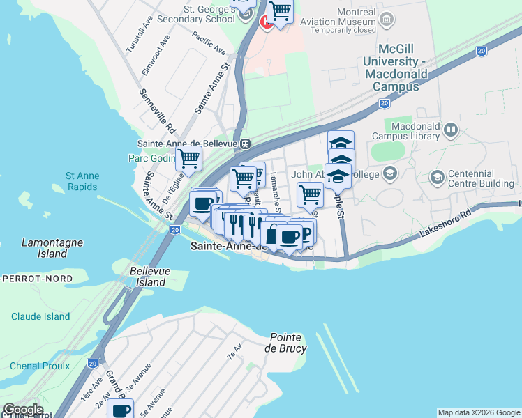 map of restaurants, bars, coffee shops, grocery stores, and more near 11 Rue Legault in Sainte-Anne-de-Bellevue