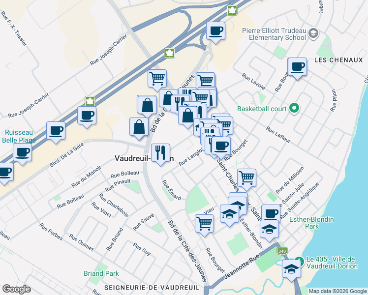 map of restaurants, bars, coffee shops, grocery stores, and more near 2515 Rue Dutrisac in Vaudreuil-Dorion
