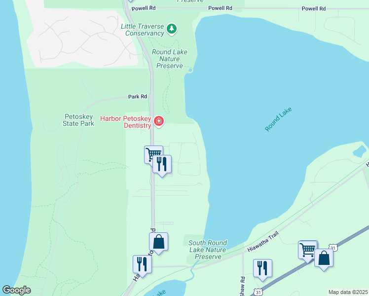 map of restaurants, bars, coffee shops, grocery stores, and more near 3445 Lakeside Dr N in Petoskey