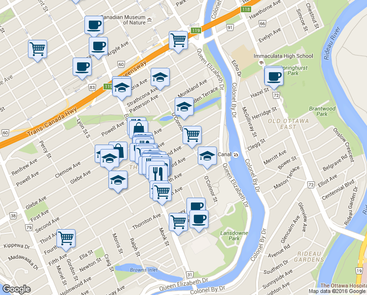map of restaurants, bars, coffee shops, grocery stores, and more near 68 Second Avenue in Ottawa