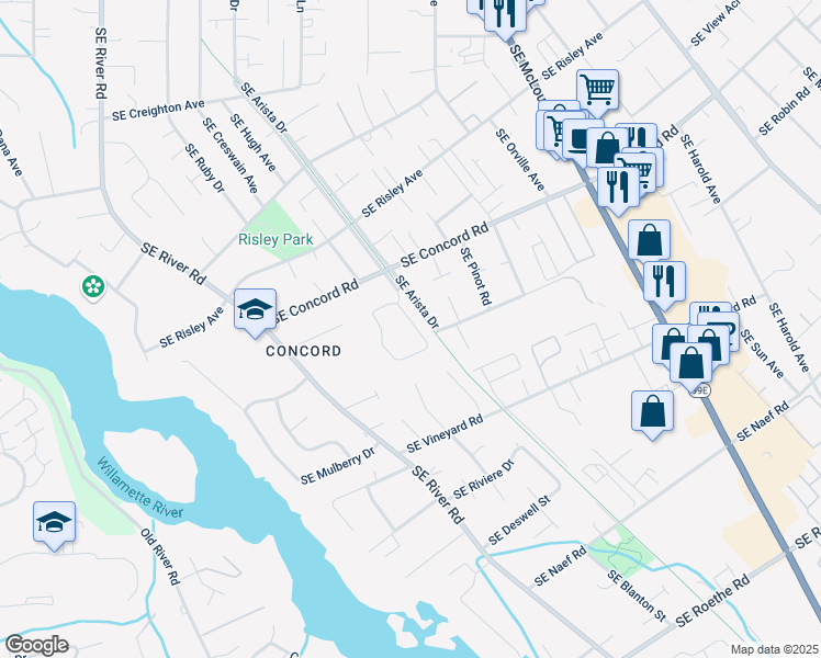 map of restaurants, bars, coffee shops, grocery stores, and more near 16405 Southeast Sterling Circle in Milwaukie
