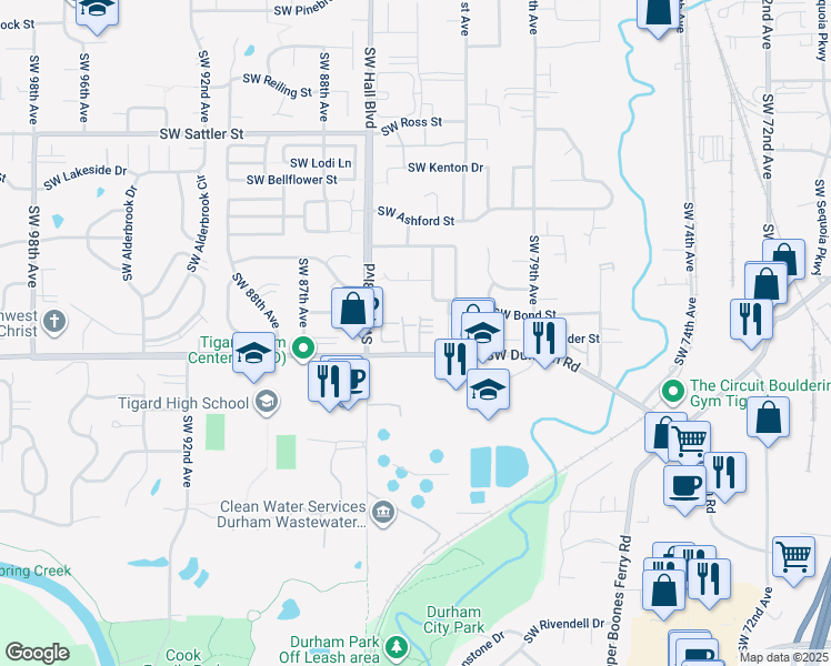 map of restaurants, bars, coffee shops, grocery stores, and more near 8335 Southwest Durham Road in Tigard