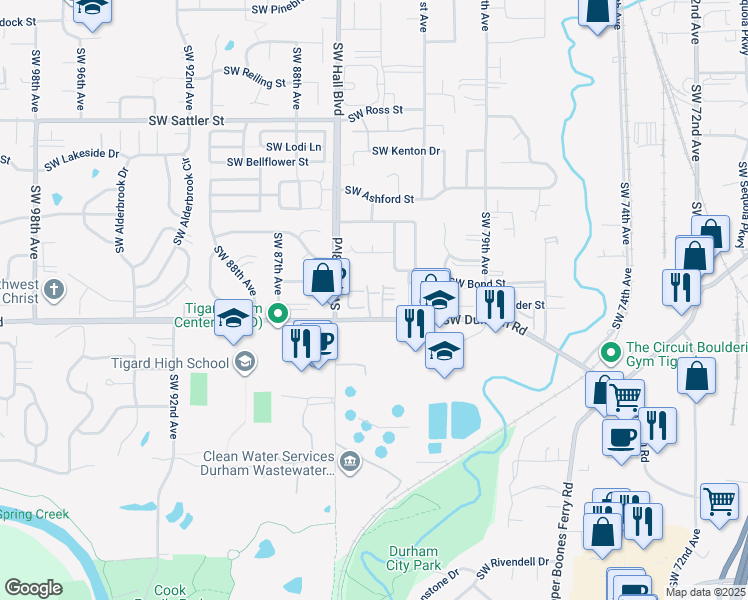 map of restaurants, bars, coffee shops, grocery stores, and more near 8335 Southwest Durham Road in Tigard