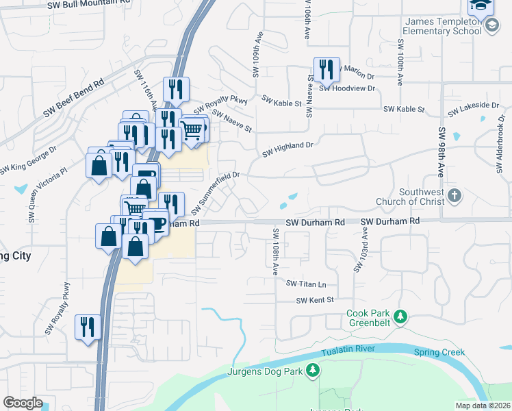 map of restaurants, bars, coffee shops, grocery stores, and more near 15835 Southwest Highland Court in Tigard