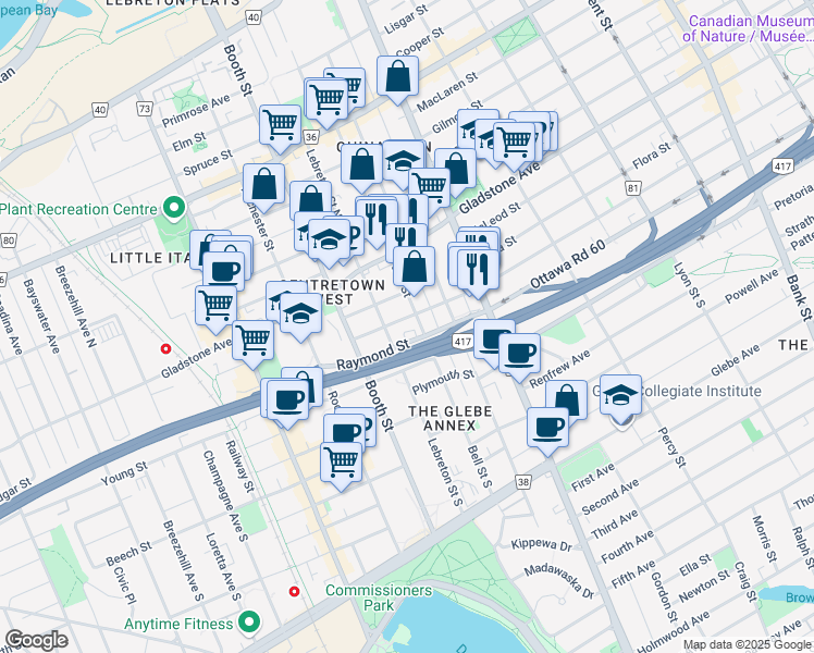 map of restaurants, bars, coffee shops, grocery stores, and more near in Ottawa