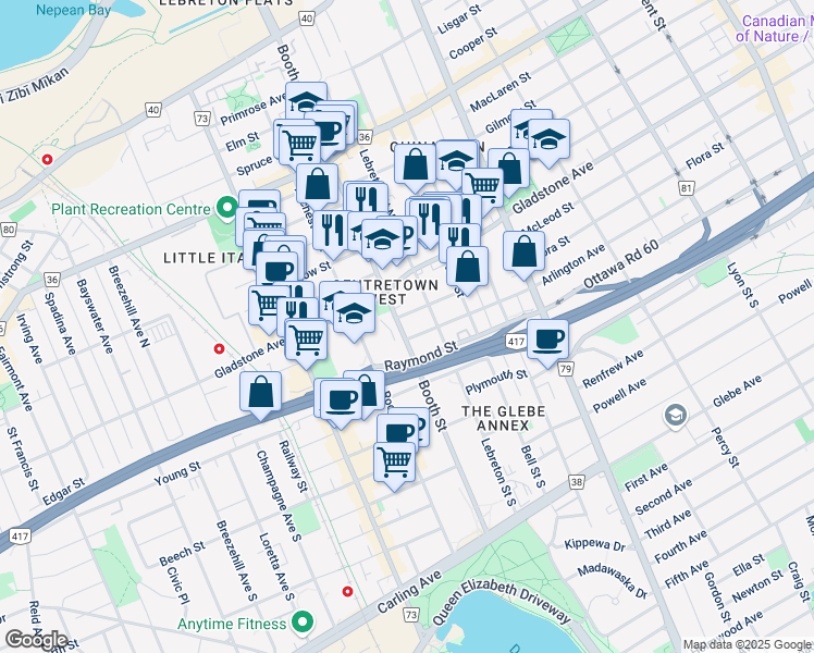 map of restaurants, bars, coffee shops, grocery stores, and more near 492 Booth Street in Ottawa