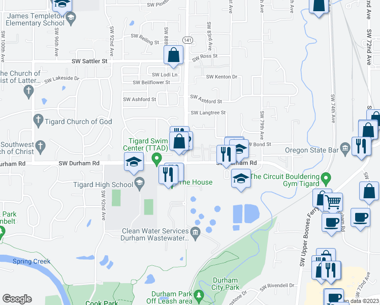 map of restaurants, bars, coffee shops, grocery stores, and more near 15915 Southwest Avon Place in Tigard