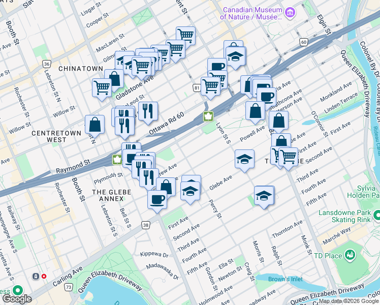 map of restaurants, bars, coffee shops, grocery stores, and more near 73 Renfrew Avenue in Ottawa