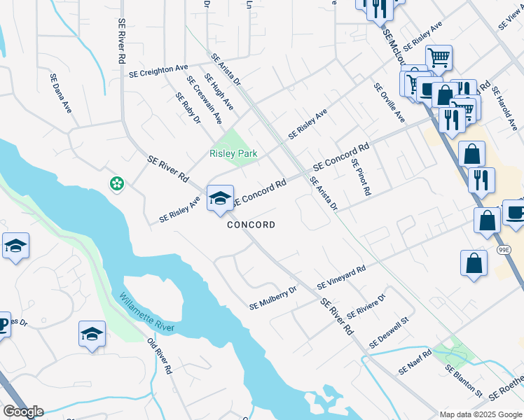 map of restaurants, bars, coffee shops, grocery stores, and more near 2633 Southeast Tarbell Avenue in Milwaukie