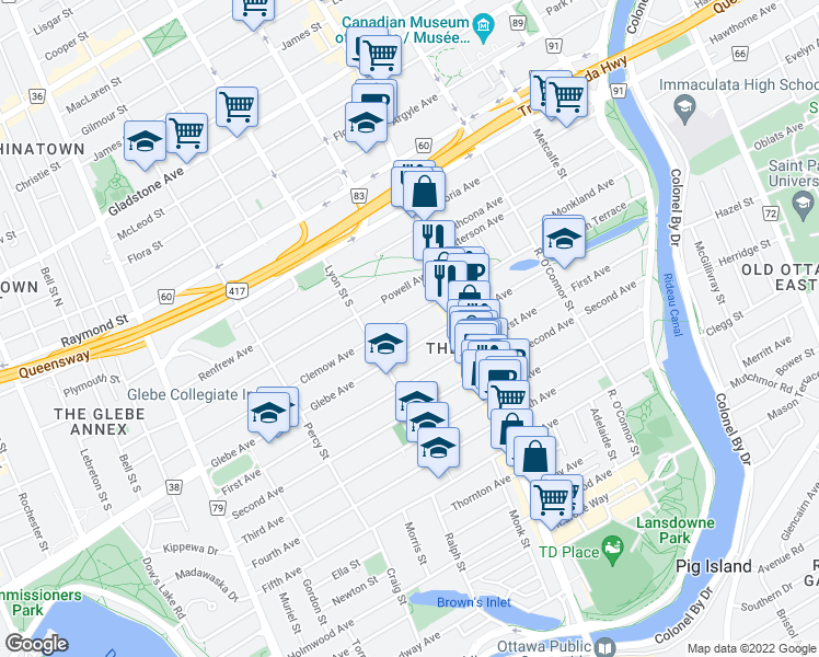 map of restaurants, bars, coffee shops, grocery stores, and more near 172 Clemow Avenue in Ottawa