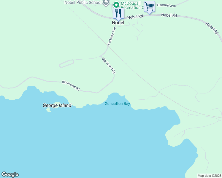 map of restaurants, bars, coffee shops, grocery stores, and more near 13 Big Sound Road in McDougall