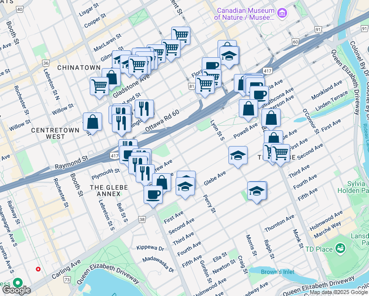 map of restaurants, bars, coffee shops, grocery stores, and more near 73 Renfrew Avenue in Ottawa