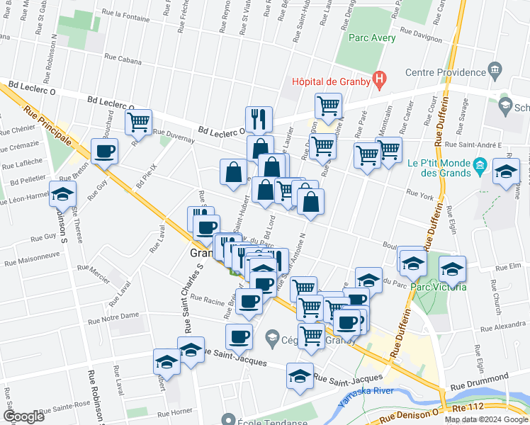 map of restaurants, bars, coffee shops, grocery stores, and more near 346 Rue Boivin in Granby