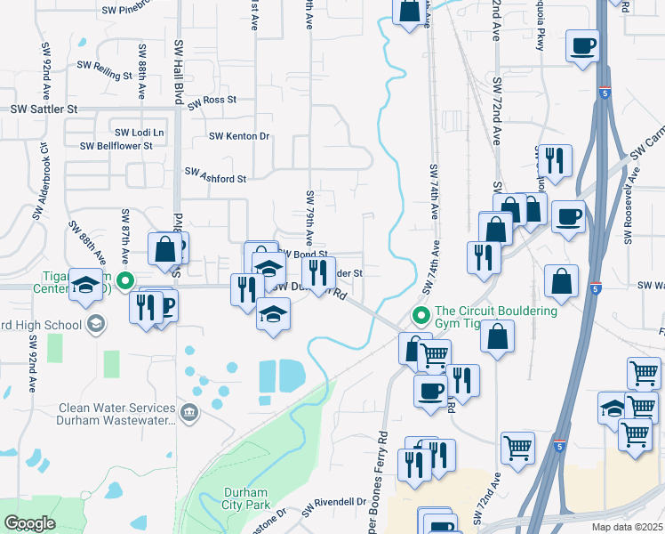 map of restaurants, bars, coffee shops, grocery stores, and more near 7773 Southwest Alder Street in Tigard
