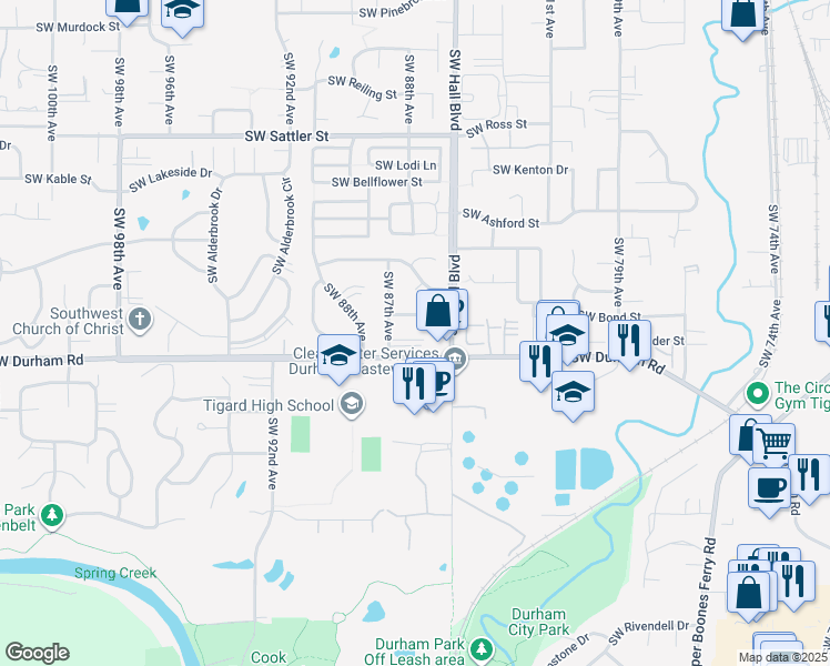 map of restaurants, bars, coffee shops, grocery stores, and more near 8630 Southwest Stratford Court in Tigard