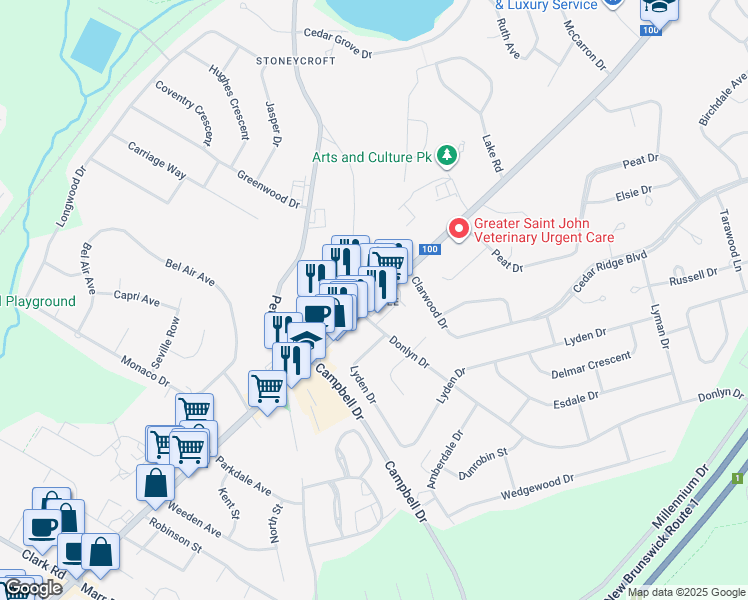 map of restaurants, bars, coffee shops, grocery stores, and more near 191 Hampton Road in Quispamsis