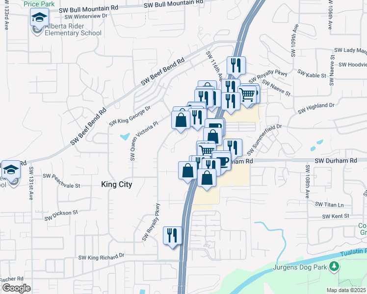 map of restaurants, bars, coffee shops, grocery stores, and more near 11777 Southwest Queen Elizabeth Street in King City