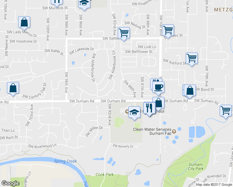 map of restaurants, bars, coffee shops, grocery stores, and more near 15850 Southwest Oak Meadow Lane in Tigard