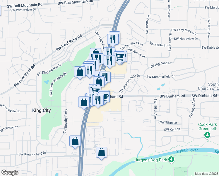 map of restaurants, bars, coffee shops, grocery stores, and more near 11515 Southwest Durham Road in Tigard