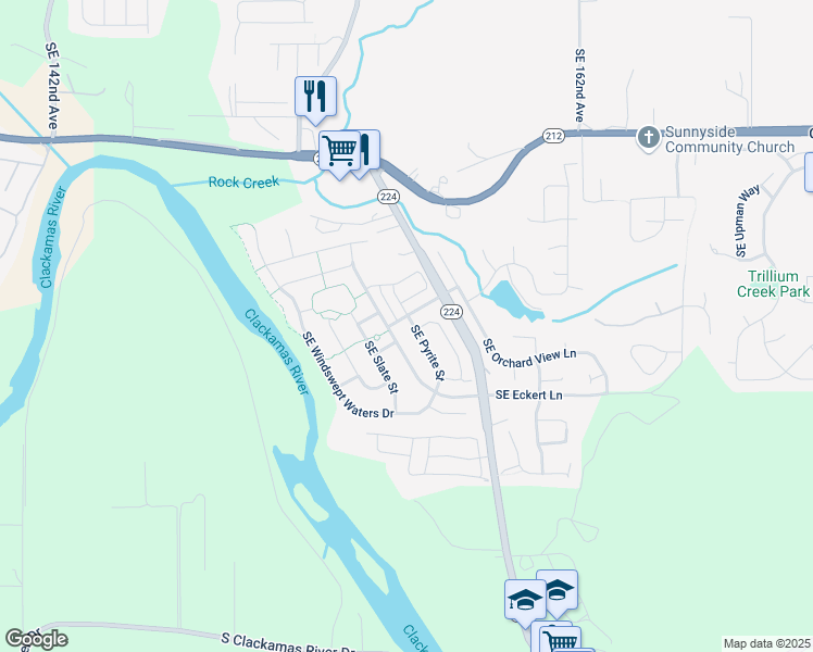 map of restaurants, bars, coffee shops, grocery stores, and more near 16259 Southeast Pyrite Street in Damascus