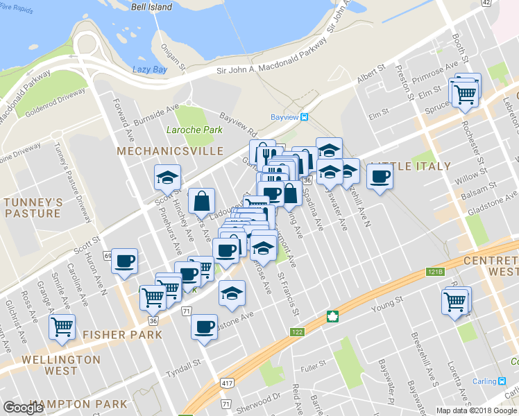 map of restaurants, bars, coffee shops, grocery stores, and more near 90 Armstrong Street in Ottawa