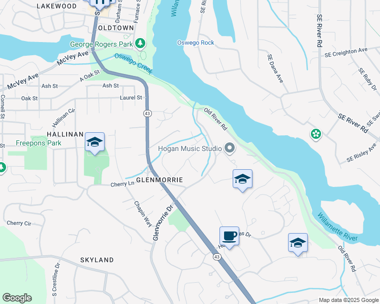 map of restaurants, bars, coffee shops, grocery stores, and more near 2123 Glenmorrie Lane in Lake Oswego