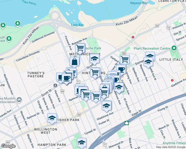 map of restaurants, bars, coffee shops, grocery stores, and more near 198 Carruthers Avenue in Ottawa