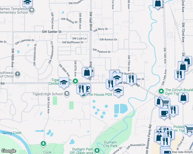 map of restaurants, bars, coffee shops, grocery stores, and more near 8335 Southwest Durham Road in Tigard