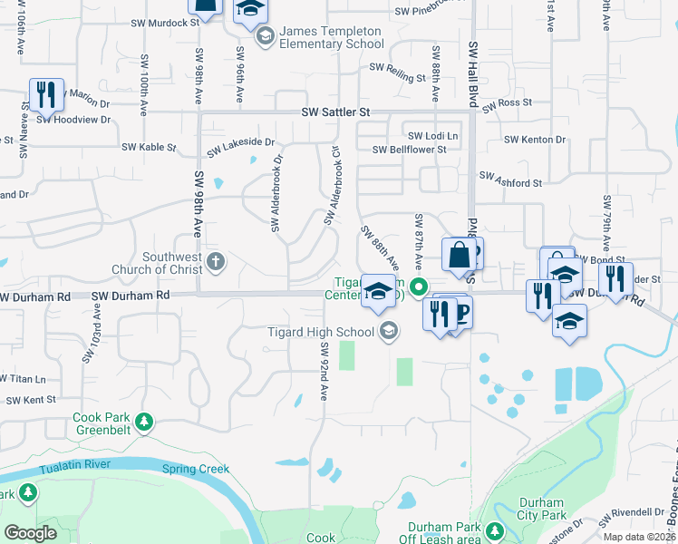 map of restaurants, bars, coffee shops, grocery stores, and more near 15850 Southwest Oak Meadow Lane in Tigard