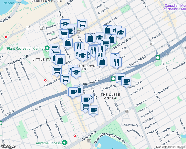 map of restaurants, bars, coffee shops, grocery stores, and more near in Ottawa