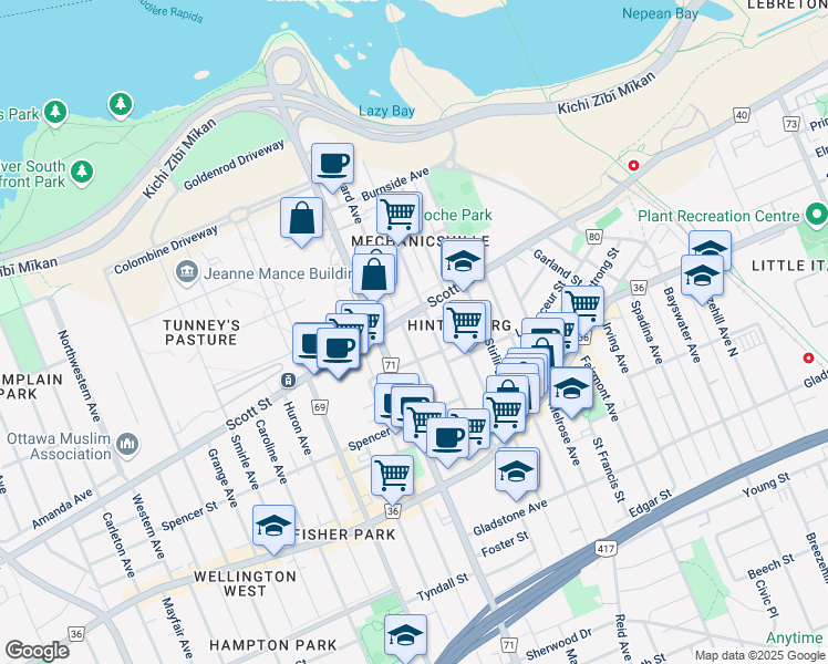 map of restaurants, bars, coffee shops, grocery stores, and more near in Ottawa