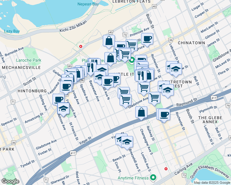 map of restaurants, bars, coffee shops, grocery stores, and more near 40 Laurel Street in Ottawa