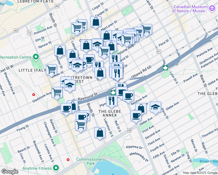 map of restaurants, bars, coffee shops, grocery stores, and more near 3 Raymond Street in Ottawa