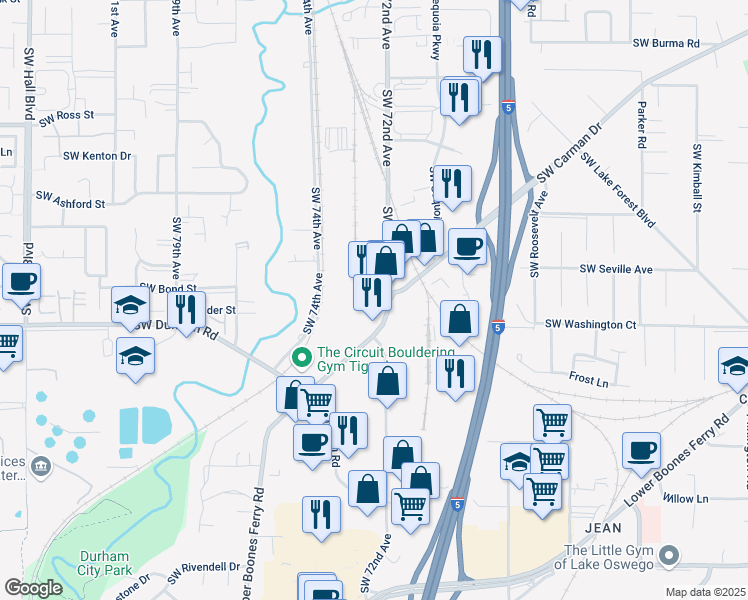 map of restaurants, bars, coffee shops, grocery stores, and more near 15975 Southwest 72nd Avenue in Tigard