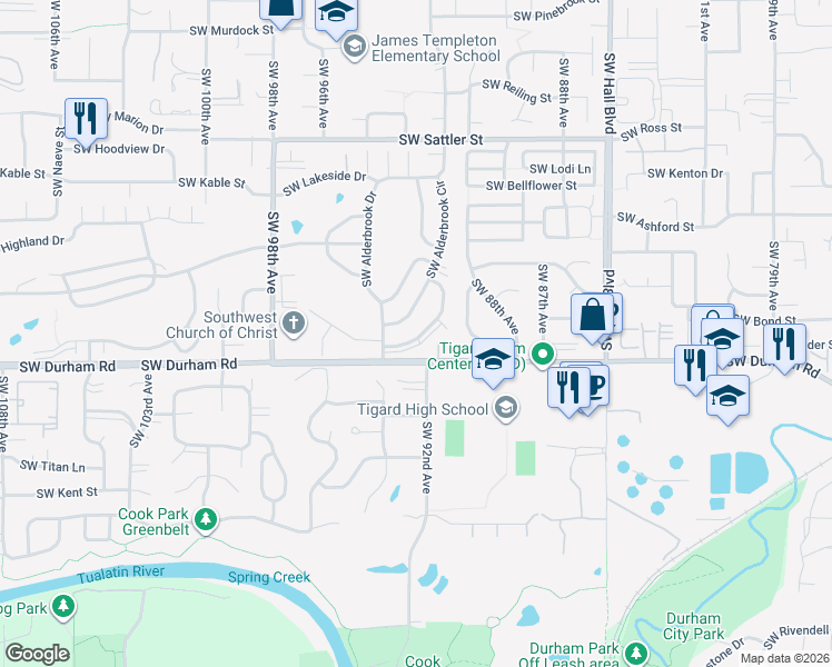 map of restaurants, bars, coffee shops, grocery stores, and more near 15910 Southwest Oak Meadow Lane in Tigard