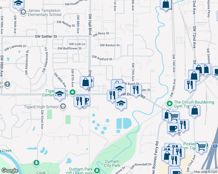 map of restaurants, bars, coffee shops, grocery stores, and more near 15889 Southwest 81st Court in Tigard