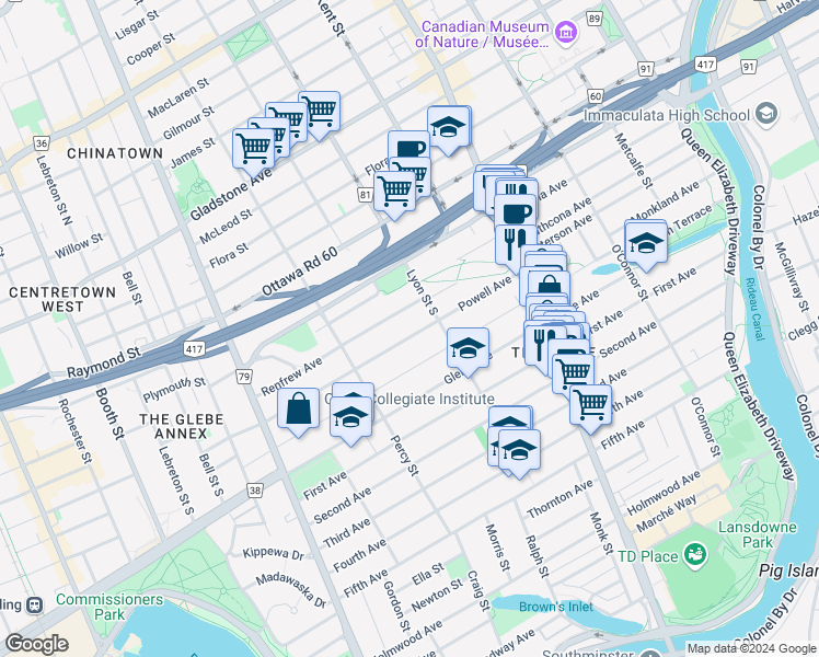 map of restaurants, bars, coffee shops, grocery stores, and more near 115 Powell Avenue in Ottawa