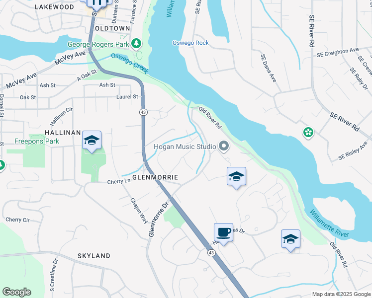 map of restaurants, bars, coffee shops, grocery stores, and more near 2123 Glenmorrie Lane in Lake Oswego