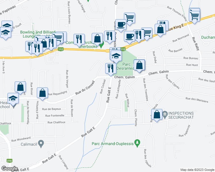 map of restaurants, bars, coffee shops, grocery stores, and more near 1821 Rue Galt Est in Sherbrooke